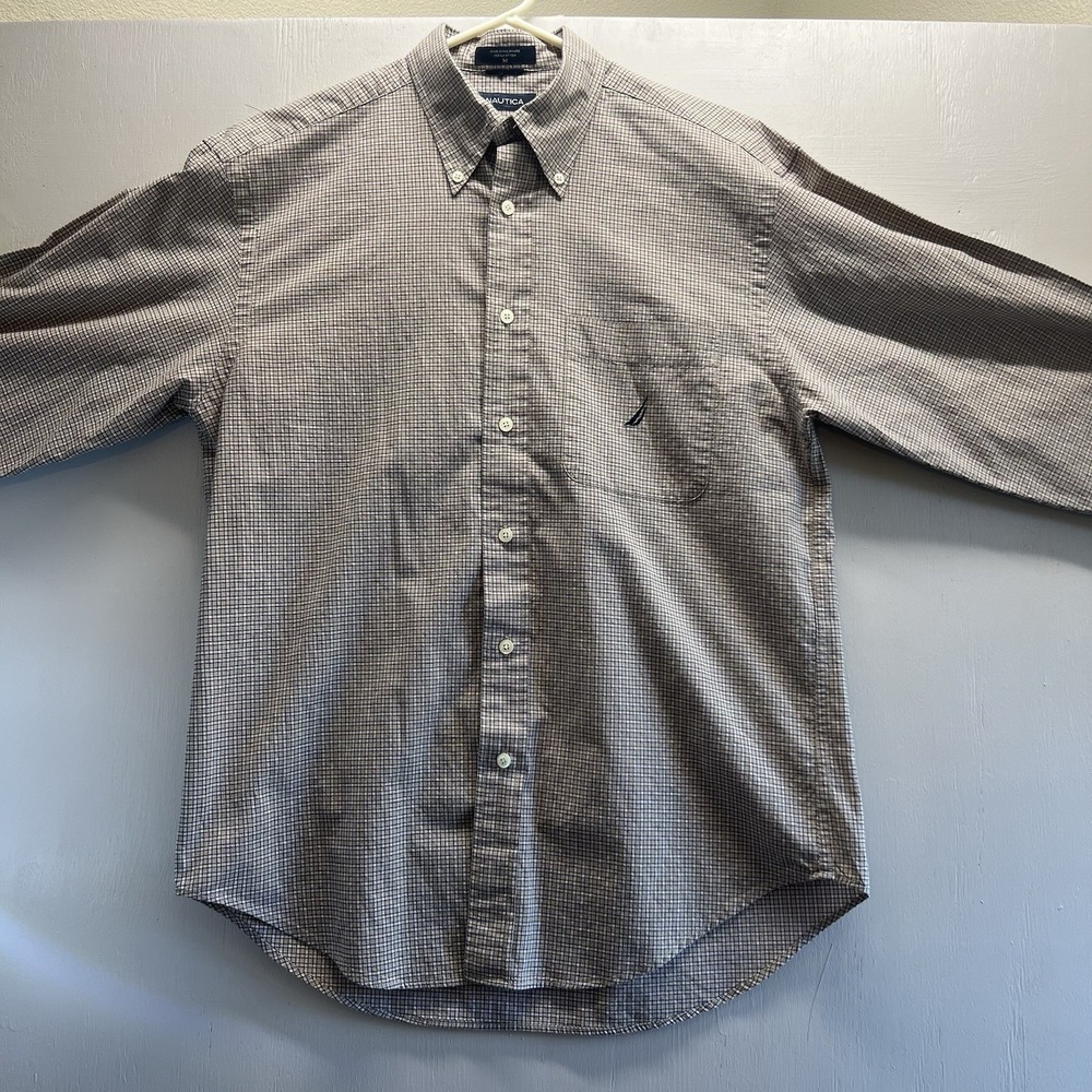 Nautica Shirt Mens  M tan/white Tattersall‎ Check 100% Cotton Twill Button Up